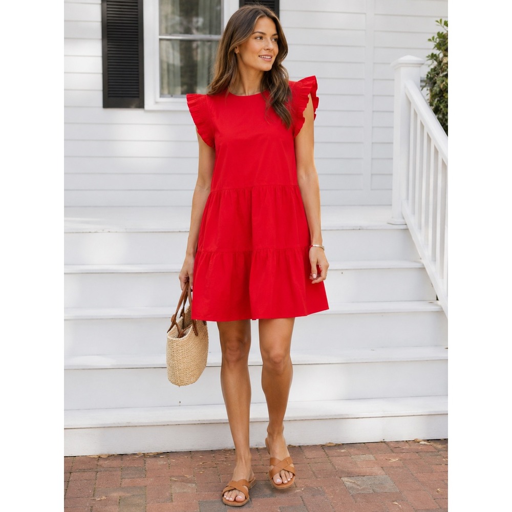 English Factory Ruffled Babydoll Mini Dress Red 1X Tiered Cotton Flutter Sleeve